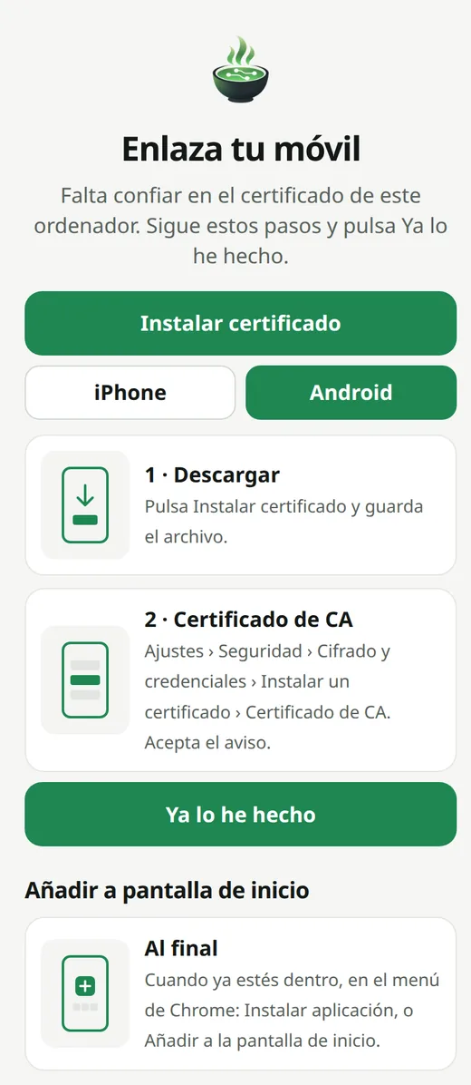 Asistente «Enlaza tu móvil» en Android, con los pasos Descargar, Certificado de CA y Añadir a pantalla de inicio