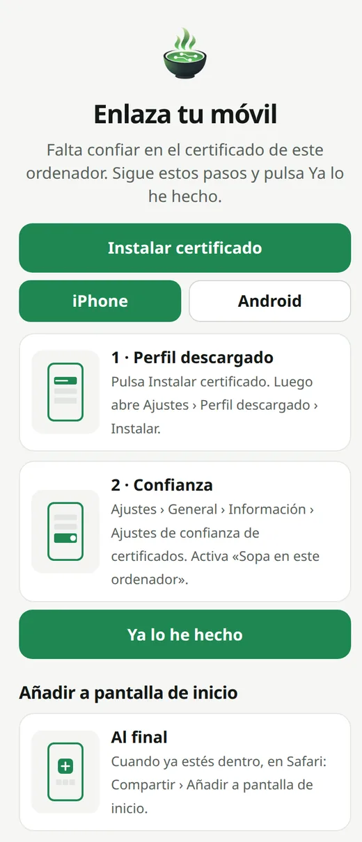 Asistente «Enlaza tu móvil» en un iPhone: instalar el certificado, confiar en él y añadir Sopa a la pantalla de inicio