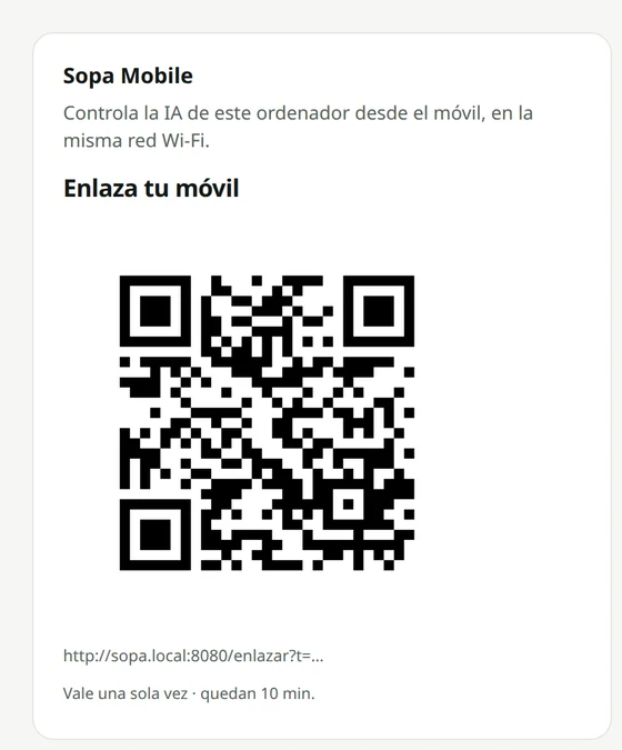 Ajustes de Sopa en el ordenador: tarjeta Sopa Mobile con el código QR «Enlaza tu móvil», que vale una sola vez y caduca a los 10 minutos